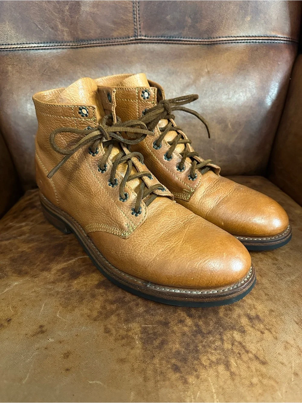 J. Artola Brooklyn Pebble Grain Leather Ankle Work Boots Tan / Cognac Men’s 10